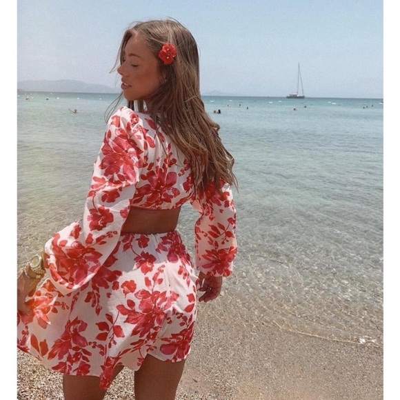 Red Floral Print Long Sleeve V-Neck Open Back Cutout Mini Dress - Picture 12 of 14